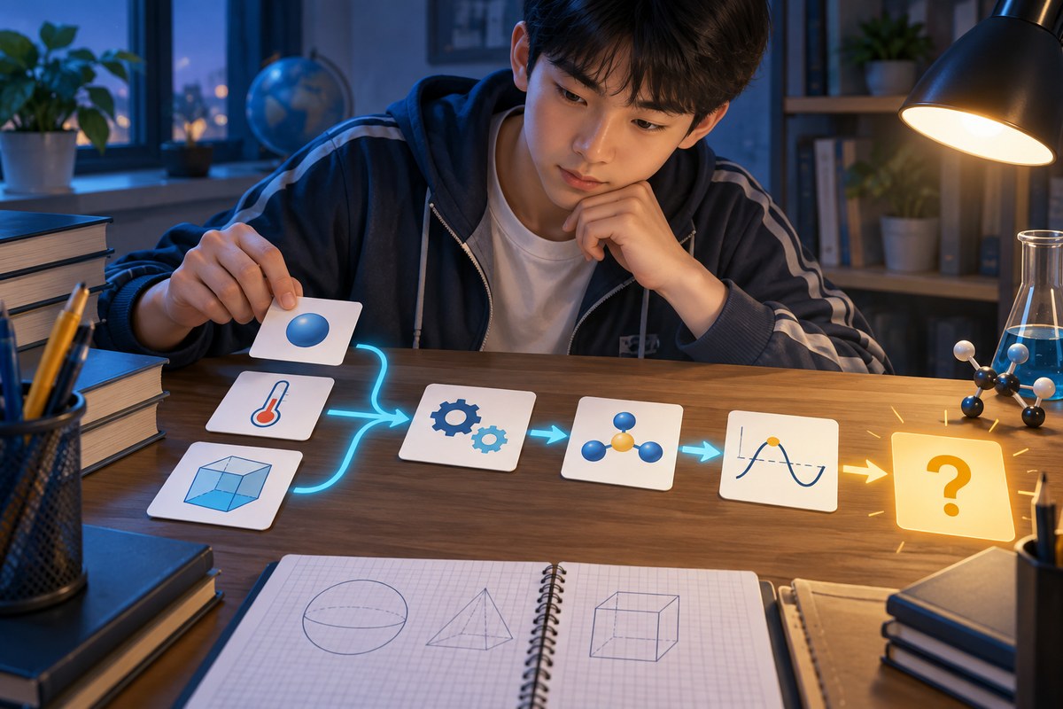 学生把理科题的已知量、目标量与公式条件连成关系图