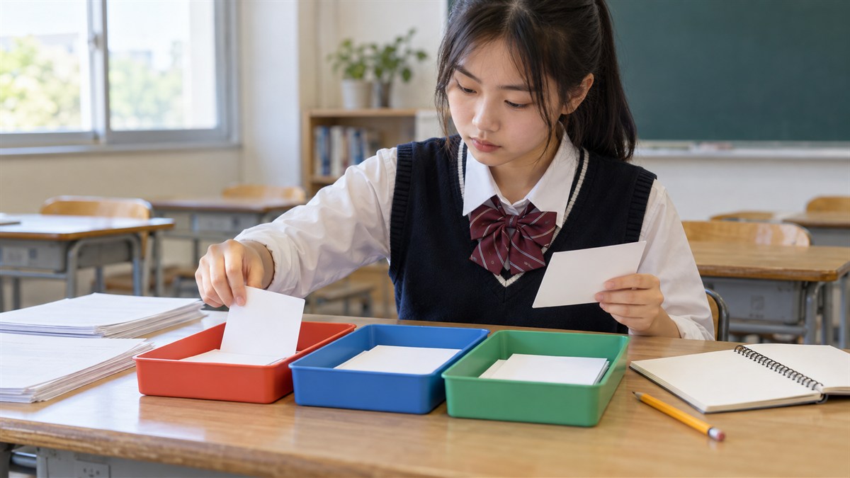 学生把空白测验卡片分入不同诊断盒的场景