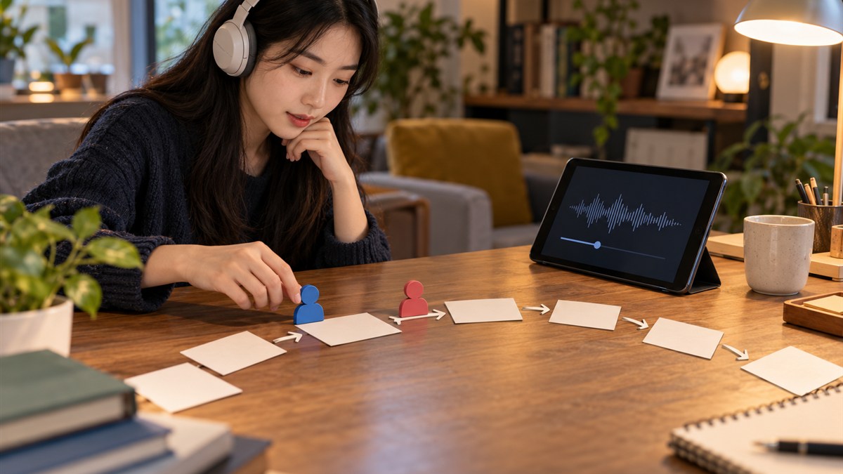 耳机、双角色棋子与时间线卡片场景